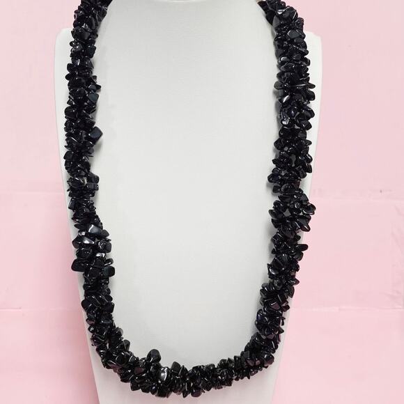 Vintage Three-Strand Twisted Black Onyx Chips Necklace | 1980 - Picture 1 of 4